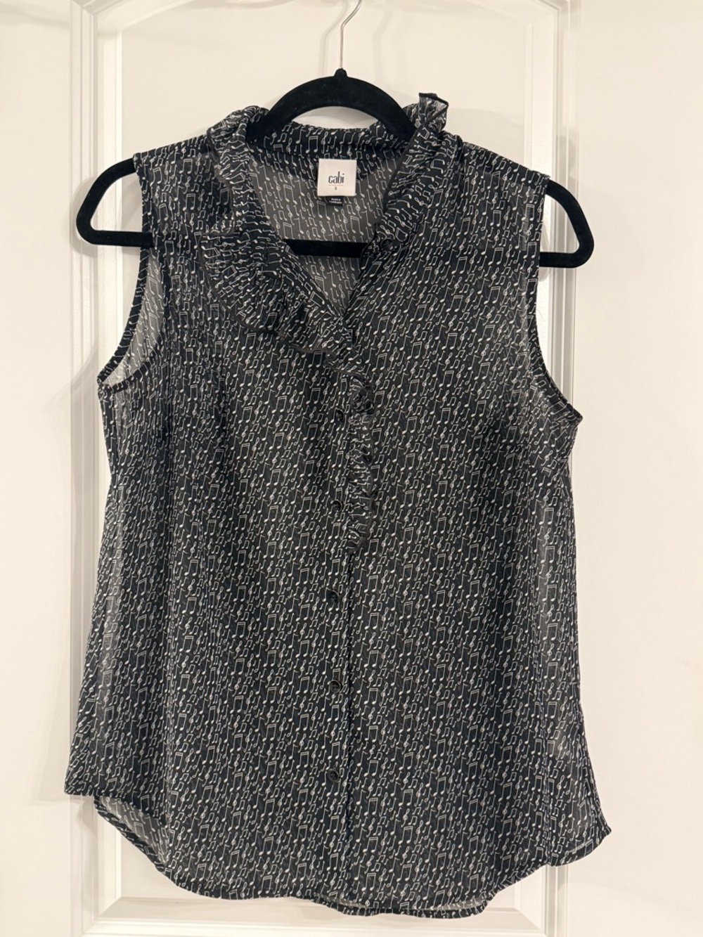 CAbi Black Music Academia Printed Sleeveless Ruffle Collar Blouse (s) - Picture 7 of 7